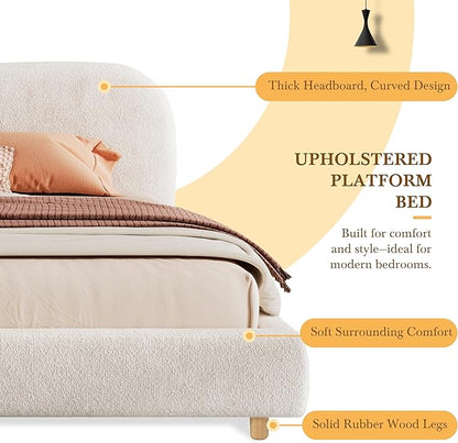Merax King Size Teddy Fleece Thick Fabric Upholstered Platform Bed with Curved Shaped Headboard, Wood Bed Frame with Solid Round Legs for Kids Teens Adults, White