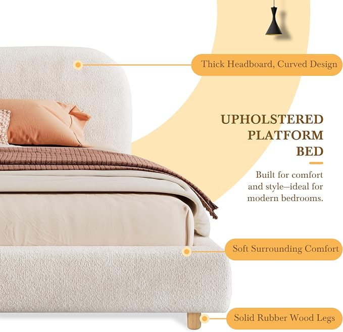 Merax Queen Size Teddy Fleece Thick Fabric Upholstered Platform Bed with Curved Shaped Headboard, Wood Bed Frame with Solid Round Legs for Kids Teens Adults, White