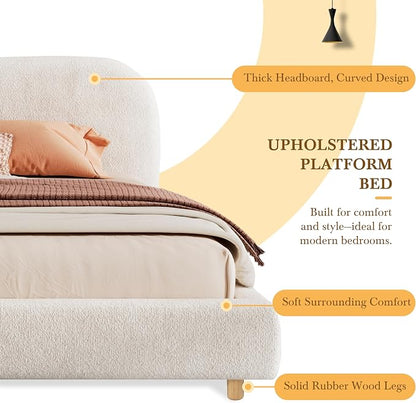 Merax Queen Size Teddy Fleece Thick Fabric Upholstered Platform Bed with Curved Shaped Headboard, Wood Bed Frame with Solid Round Legs for Kids Teens Adults, White
