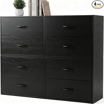 PrimeZone 2 Wood Drawer for Closet Storage: Black Stackable Short Closet Dresser for Clothes Organizer - Modular Chest Cabinet for Closet Bedroom Dorm Wardrobe Nursery, 4 Packs