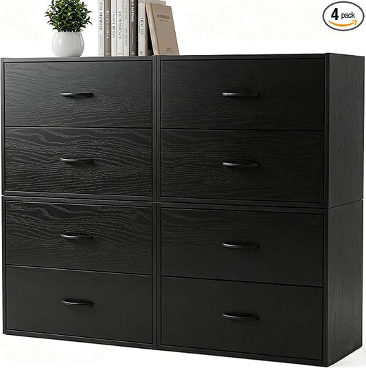 PrimeZone 2 Wood Drawer for Closet Storage: Black Stackable Short Closet Dresser for Clothes Organizer - Modular Chest Cabinet for Closet Bedroom Dorm Wardrobe Nursery, 4 Packs