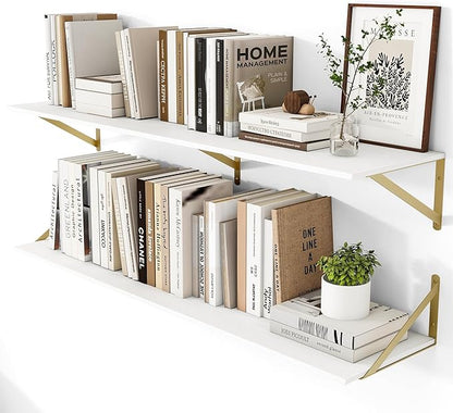 Heimlove Deep Floating Shelves for Wall, 48W x 12D Wood Wall Shelves Set of 2, Wide Floating Bookshelf for Living Room, Kitchen, Office, Bedroom and Decor Storage, with Golden Bracket - White & Gold