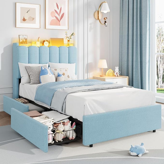 Garvee LED Twin Size Bed Frame with Storage Headboard, Kids Bed Frame with 2 Drawers, Boucle Upholstered Platform Bed for Girls, Chic Wavy Headboard with Bookcase, No Box Spring Needed, Blue