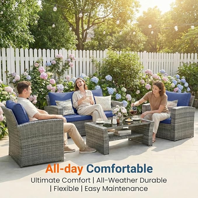 Wisteria Lane Patio Furniture Set, Wicker Outside Outdoor Furniture for All Weather, Patio Sofa with High Backrest Support and Wide Armrest for Backyard, Balcony, Deck, Porch, Navy Blue