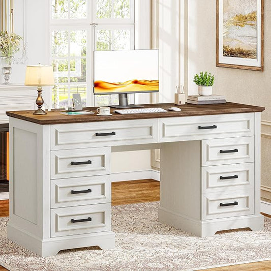 58" Executive Desk with 7 Drawers, Large Computer Desk with Charging Station , Wood Home Office Desk with File Drawer for Letter/A4 Size Hanging Files for Home Office, Rustic White and Rustic Brown