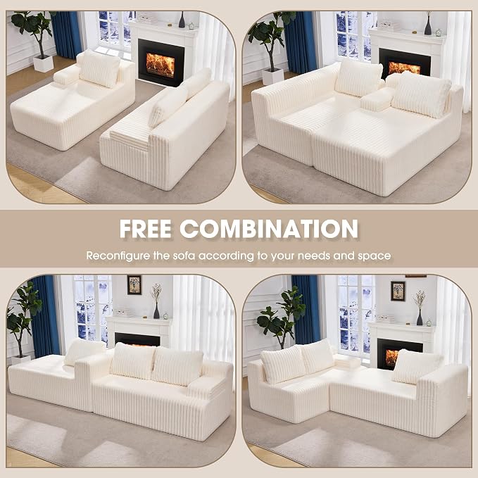 Hobestluk Boneless Couch Modular Sectional Sofa L-Shape Cloud Couch Lounge | 96" Left Facing Chaise White,Memory Foam,Removable Cover,Non-slip Bottom,No Assemble Required,Furniture for Small Home