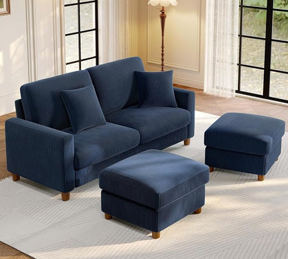 Welzona 70.2" Couches for Living Room, Comfy U Shaped Couch Blue 7.1" Thicker Cushion, Sofas for Living Room Tool-Free Setup, Loveseat with Ottoman 7058lbs Support, Corduroy Couch for Bedroom, Office