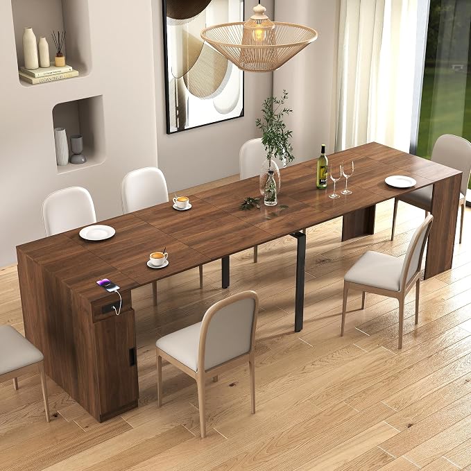 Transformer Folding Console Table for 10-12 People, Extendable Dining Table, Space Saving Dining Room Table for Apartments & Homes, Upgrade Walnut