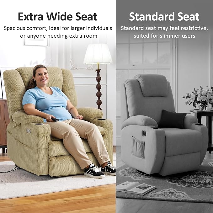 MCombo Big Man Power Lay Flat Lift Chair, Triple Motor Power Lift Recliner with Massage & Dual Heating, Adjustable Headrest, Fabric R7635 (Beige, Large-Wide)