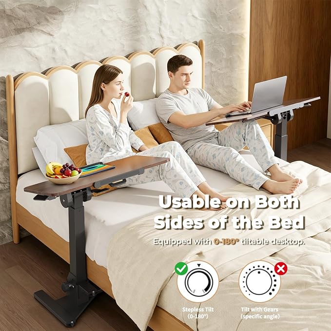 JOY worker Foldable Overbed Bedside Table, 180° Tiltable Mobile Standing Desk with Wheels, 31.5" Height Adjustable Rolling Laptop Desk for Home & Hospital Use, Easy Storage, Rustic Brown