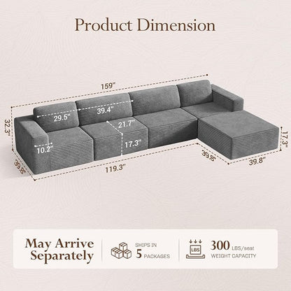 Vesgantti 159" Large Modular Sectional Sofa, L-Shaped Corduroy Cloud Couch with Deep Seats & Spring Support, 4-Seater Boneless Sofa with Movable Ottoman, No Assembly Needed, Grey