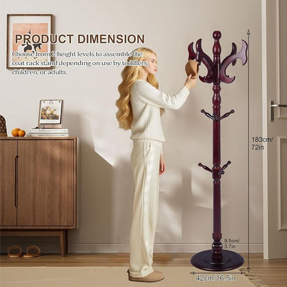 Wooden Coat Rack Freestanding with 14 Hooks, Adjustable Height Coat Tree Free Standing Heavy Duty for Entryway, Easy Assembly Solid Wood Sturdy Coat Hats Hanger Stand for Office Hallway Bedroom