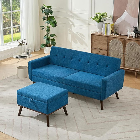Tbfit Mid Century Modern Sofa, Loveseat Couch, Blue, Standard Sofa & Ottoman | linen fabric