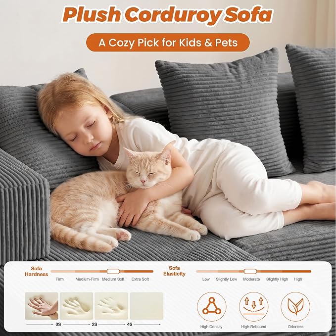 6-in-1 Tri-Folding Mattress | Cloud Boneless L-Shaped Modular Sectional Couches | Corduroy Pet-Friendly Convertible Futon Sofa Bed with 800LB Capacity Apartment, Guest Room, Game Room
