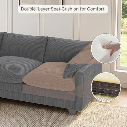 Gizoon 110'' Oversized L Shaped Couch for Living Room, Cloud Couches with Washable Corduroy Cover, Modern 4-Seater Comfy Deep-Seat Sofa with Movable Ottoman and 2 Throw Pillows for Apartment, Gray