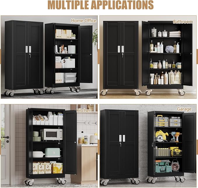 61" H Metal Pantry Storage Cabinet with Wheels,Rolling Kitchen Pantry Cabinet with 2 Doors and 3 Adjustable Shelves, Locker Steel Cabinet,Organization Cabinet for Garage,Home,Gym,School,Black