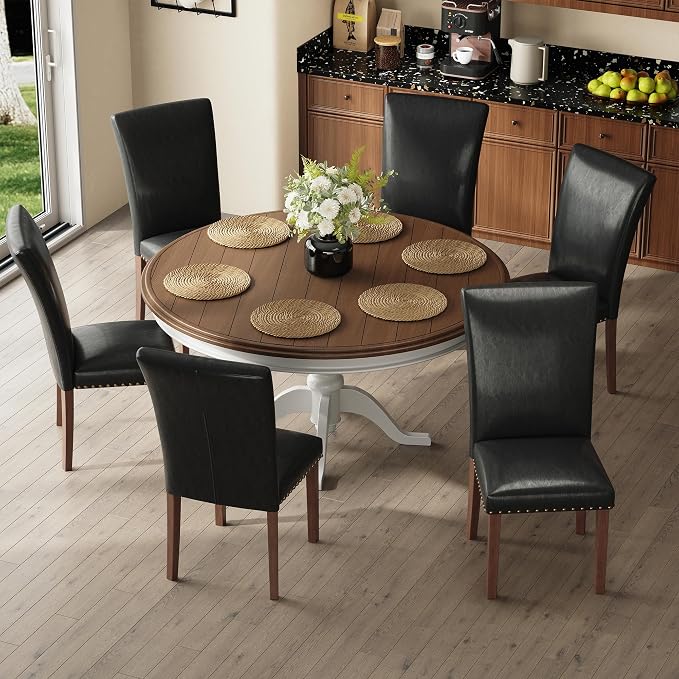 COLAMY Parsons Dining Chairs Set of 6, PU Leather Dining Room Kitchen Side Chair with Nailhead Trim and Wood Legs - Black