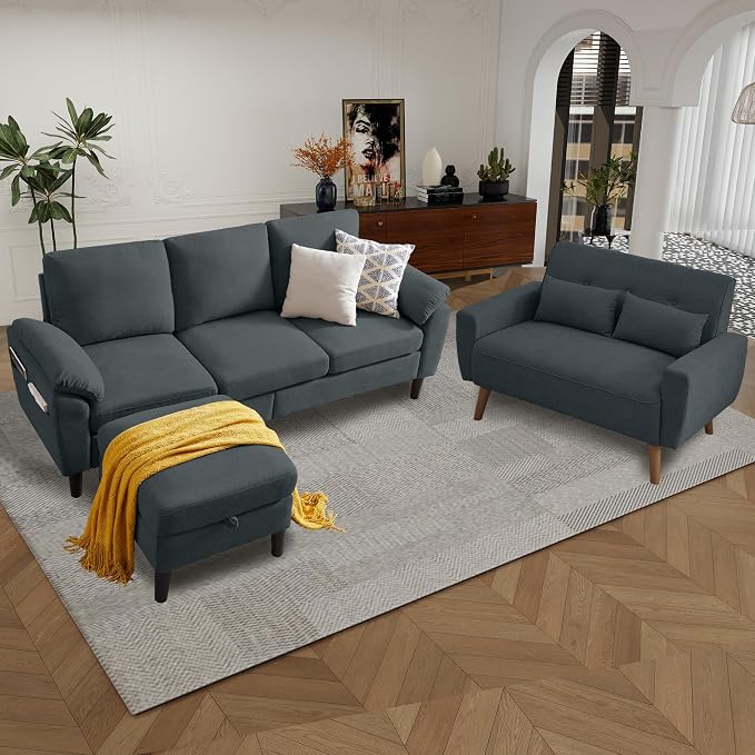 79" Convertible Sectional Sofa Set, Modern Linen Small L Shaped Couch with Reversible Ottoman and Loveseat, 3-Seat Sofa Couches for Living Room, Office, Apartment, Dark Grey