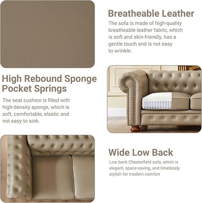 Chesterfield Leather Sofa, 89" Mid Century Modern Couch with Low Back, Roll Arm Nailhead Trim Classic 3 Seater Couch for Living Room, Office, Apartment, PU Khaki