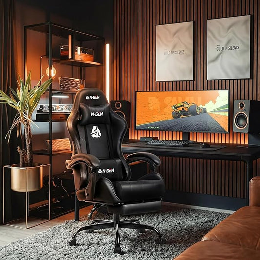 N-GEN GAMING Video Gaming Chair with Footrest Lumbar Support for Home Office High Back Recliner Height Adjustable Ergonomic Comfy Leather Computer Desk Chair (Black)