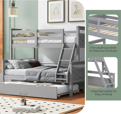 Merax Trundle Bunk Bed, Twin Over Full Wood Bunk Bed with Twin Size Trundle and Ladder, 3-in-1 Convertible to 2 Separate Beds, Solid Wood Frame with Guardrail, Grey