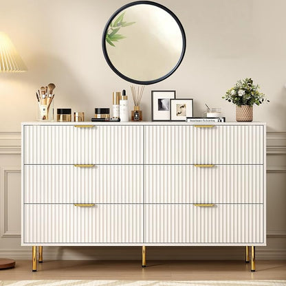 White Fluted 6 Drawers Dresser for Bedroom with Gold Handle, 56" Wide Modern Wooden Chest of Drawers, Bedrooms Tv Stand Storage Organizer Dressers for Living Room Closet