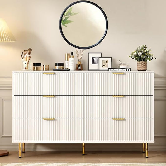 White Fluted 6 Drawers Dresser for Bedroom with Gold Handle, 56" Wide Modern Wooden Chest of Drawers, Bedrooms Tv Stand Storage Organizer Dressers for Living Room Closet