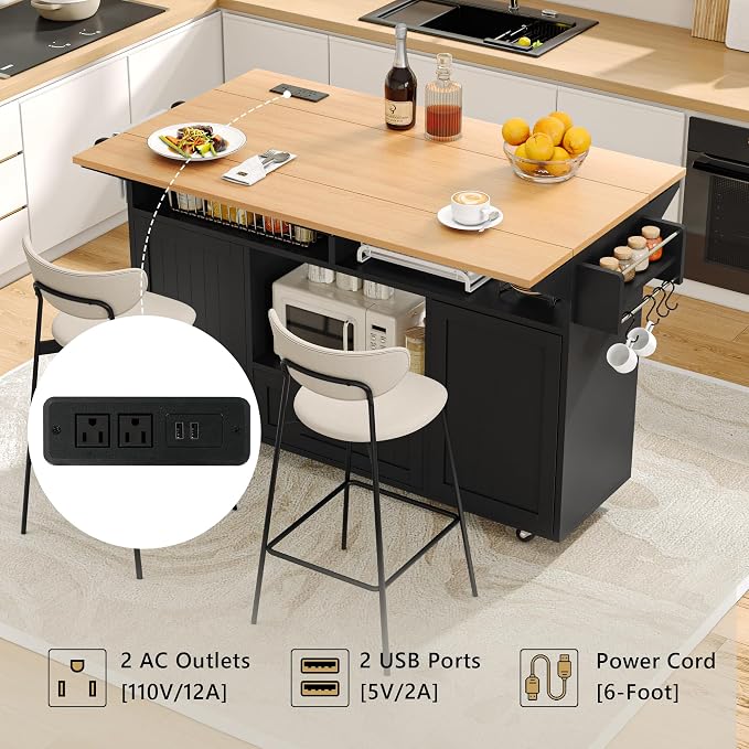 Einhomn 65" Kitchen Island with Power Outlet & Drop Leaf, Island Table for Kitchen with Trash Can Storage, Mobile Rolling Kitchen Islands on Wheels with Spice Rack, Towel Rack & 4 Side Hooks, Black
