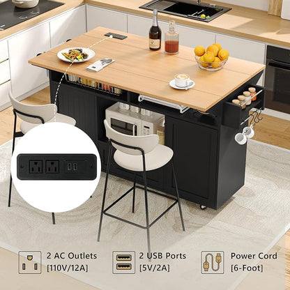 Einhomn 65" Kitchen Island with Power Outlet & Drop Leaf, Island Table for Kitchen with Trash Can Storage, Mobile Rolling Kitchen Islands on Wheels with Spice Rack, Towel Rack & 4 Side Hooks, Black
