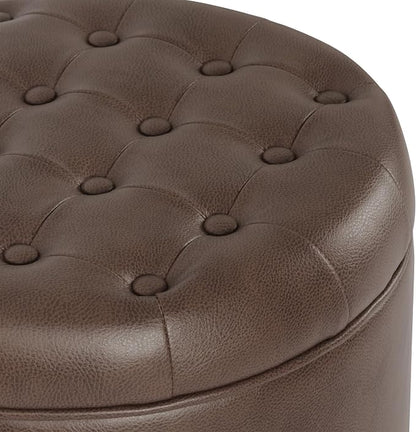 HomePop 19" Faux Leather Button Tufted Round Storage Ottoman - Brown