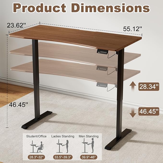 Solid Wood Electric Standing Desk 55"x23.6"Home Office Desk,Adjustable Workbench with 3 Stages Single Motor, Computer Workstation with T-Shaped Metal Bracket,Walnut Standing Desk for Gaming(1 Box)