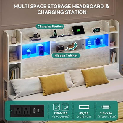 YITAHOME King Size Bed Frame with 51" Tall Bookcase Headboard and 4 Storage Drawers, RGB LED Bed Frame with Type-C&USB Charging Station Storage Bed, No Box Spring Needed, Noise Free, Antique White