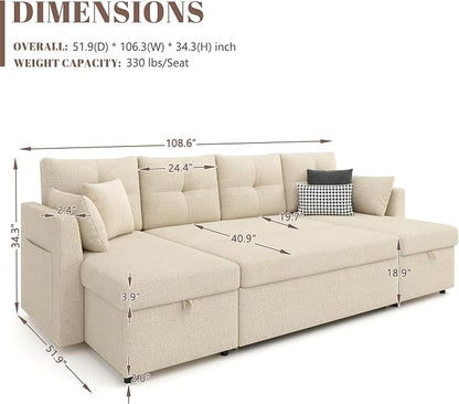 Huatean Home Oversized Sleeper Couch Sofa, Sectional Sleeper Sofa Bed with Side Pocket for Living Room, 110 inch 2 in 1 Pull Out Couch with Double Storage Chaise, Beige