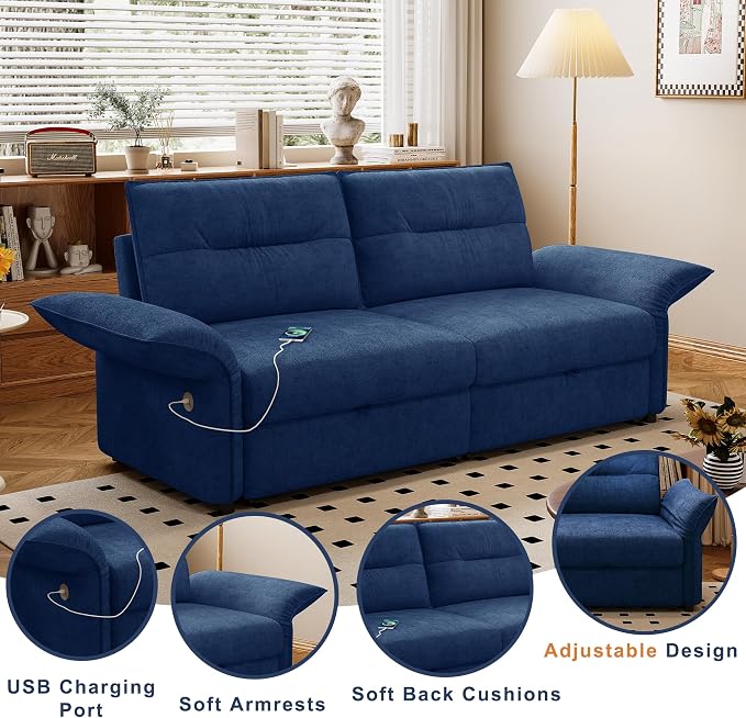 85" Pull Out Sofa Bed Full Size, Pre-Assembled Flannel Sleeper Sofa, Convertible Loveseat Futon Couch, Adjustable Armrest with USB, Pillows, for Apartment, Living Room, Small Spaces, Blue