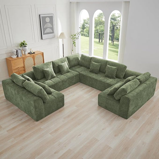 140''Modular Sectional Couches for Living Room, Cloud Boneless Compressed Sectional Sofa, Oversized U Shaped 9 Seater Upholstered Memory Foam Sofa, No Assembly, Chenille Green