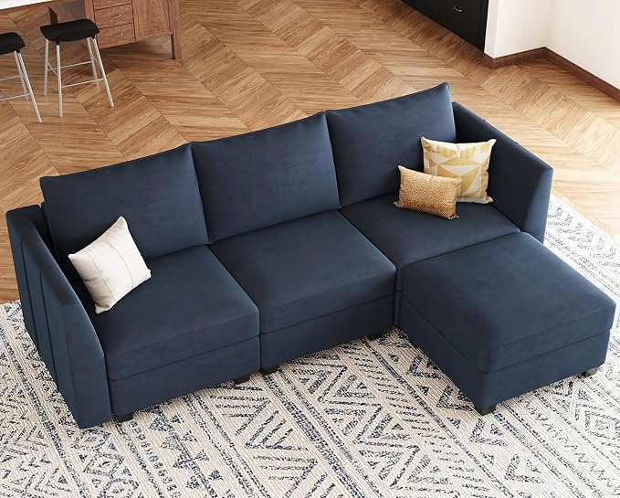 Belffin Convertible Sectional Sofa with Chaise Velvet L Shaped Sofa Couch Modular Sectional Sofa with Storage Blue