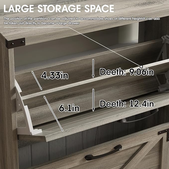 Maupvit 24" W Farmhouse Shoe Cabinet Storage for Entryway, Freestanding Organizer with 2 Flip Drawers, Narrow Shoe Rack Cabinet with Metal Corner Decoration, Washed Gray