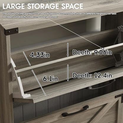 Maupvit 24" W Farmhouse Shoe Cabinet Storage for Entryway, Freestanding Organizer with 2 Flip Drawers, Narrow Shoe Rack Cabinet with Metal Corner Decoration, Washed Gray