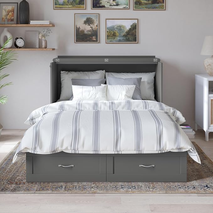 AFI Hamilton Full Murphy Bed Chest with Mattress, Storage, and Built-in Charger in Grey