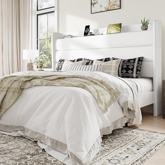 Allewie King Size Upholstered Bed Frame with Charging Station & Storage Headboard, Soft Velvet Wingback Platform Bed, Strong Wooden Slats Support, No Box Spring Needed, Easy Assembly, White