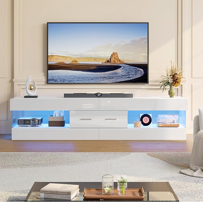 Bestier 67" Modern TV Stand for TVs up to 75 Inch, High Gloss LED Entertainment Center with Stone-Patterned Doors, TV Console with Drawer & Storage for Living Room, White