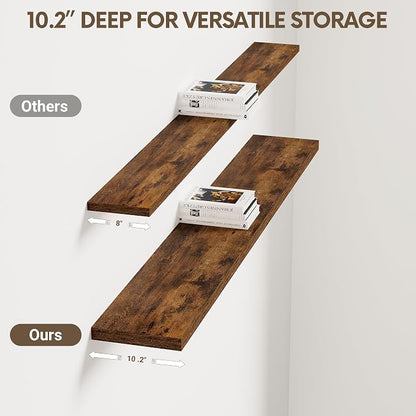 Vivelove 10 Inch Deep Floating Shelves 55 inch Long, 55 x 10 Wide Wall Shelves with Invisible Brackets, for Bedroom Bathroom Living Room Kitchen Office, Farmhouse Home Decor, Set of 2, Rustic Brown