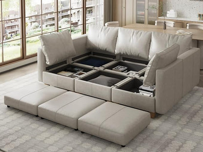 EASE MOOSE Faux Leather Modular Sectional Sofa with Storage, Faux Leather sectional Couch Convertible Sleeper Modular Sofa