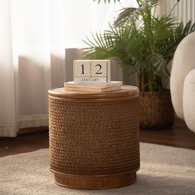 Round Rattan Coffee Table Set of 2 with Lift-Off Lid Storage, Boho-Chic End Table with Hand-Woven Hemp Rope Trim for Living Rooms, Compact Spaces
