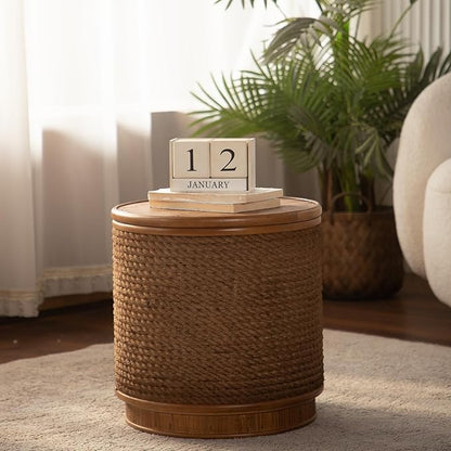 Round Rattan Coffee Table Set of 2 with Lift-Off Lid Storage, Boho-Chic End Table with Hand-Woven Hemp Rope Trim for Living Rooms, Compact Spaces