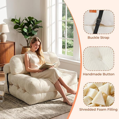 Folding Sofa Bed, Convertible Sleeper Chair with Back Support and Pillow Futon, Boneless Matress, for Living Room/Guest Use/Home Office, Foldable Chair Bed for Adults, Beige, Full