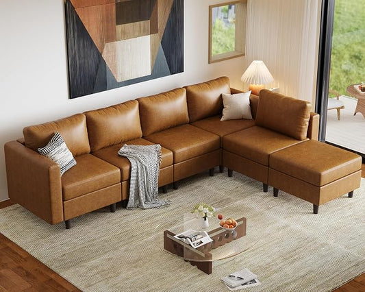 ABCASA Faux Leather Sectional, Modular Sectional Sofa with Storage Seats, 6 Seat Faux Leather Modular L Shaped Couches with Movable Ottoman for Living Room,Brown