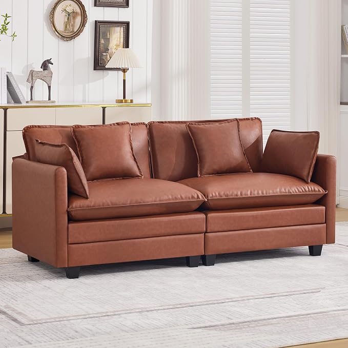 76'' Cloud Deep Seat Loveseat, Upholstered Leather Modular 2-Seats Sectional Sofa Couch, Modern Comfy Settee Loveseat for Living Room Set, Small Apartment, Leather Brown