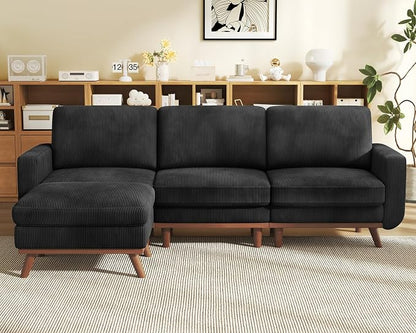 Vesgantti 97" Modular Sectional Sofa Black, L-Shaped Couch with Movable Ottoman, Comfy Corduroy Couch with Spring Cushion, Modular Sofa with Deep Seat for Living Room, Bedroom and Apartment