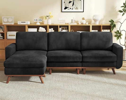 Vesgantti 97" Modular Sectional Sofa Black, L-Shaped Couch with Movable Ottoman, Comfy Corduroy Couch with Spring Cushion, Modular Sofa with Deep Seat for Living Room, Bedroom and Apartment